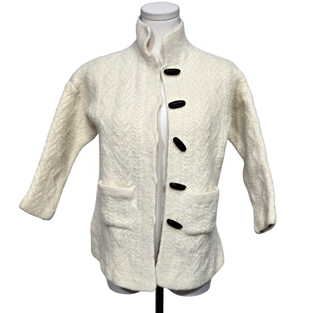 Aran Crafts Ireland Womens Merino Wool Cardigan Ivory Toggle Knit S M
